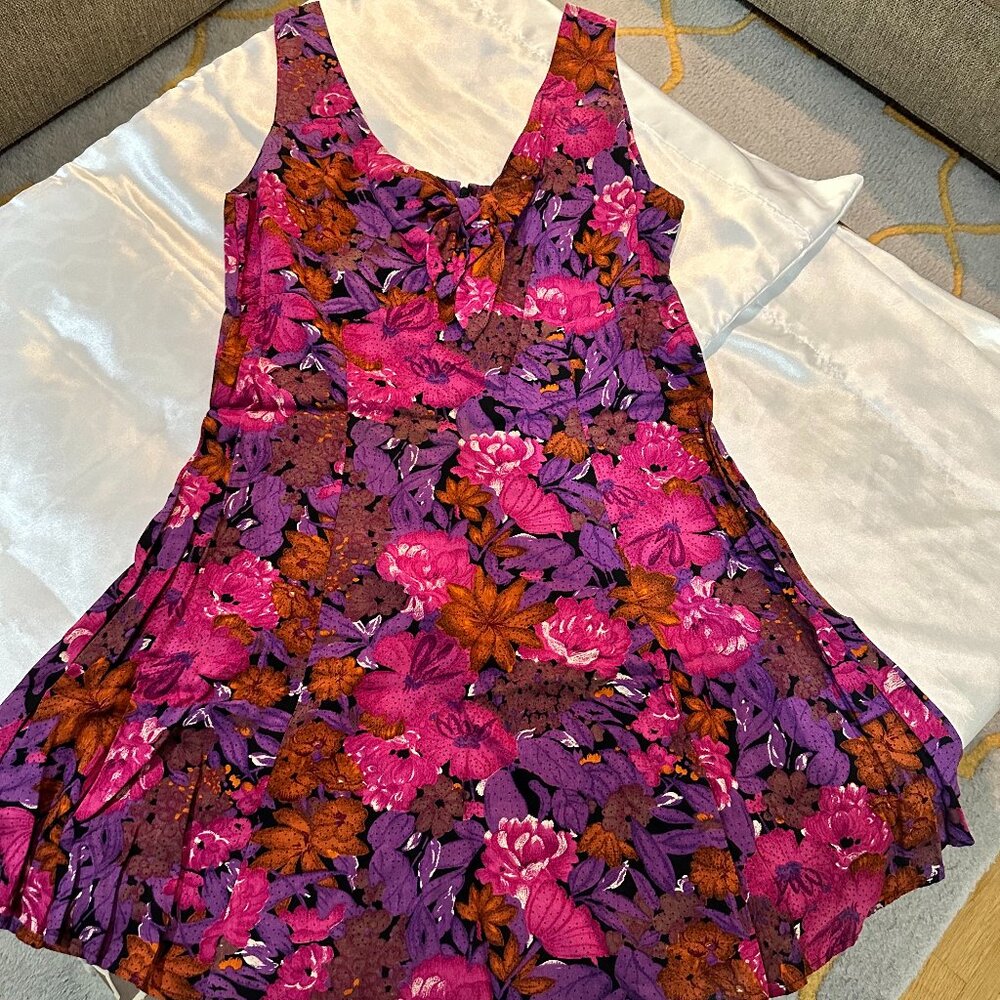 Vintage Wine Colored Floral Fit & Flare Mini Dress, Size L - Picture 4 of 9